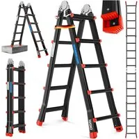 MASKO Vielzweckleiter Aluminium 6in1 Mehrzweckleiter – 20 Sprossen - 520 cm 150 Kg, (ausziehbar, Rutschfest, Multifunktional, Gelenkleiter, Anlegeleiter), Klappleiter, beidseitige Steh- und Treppenleiter Schwarz