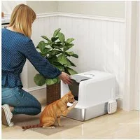 PawHut Katzentoilette geschlossenes Katzenklo mit Wanne aus Edelstahl, für Katzen bis 6 kg, Weiß
