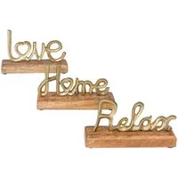 Levandeo® Deko-Schriftzug, 3er Set Schriftzug Love Home Relax Gold Mango Holz Metall Aufsteller