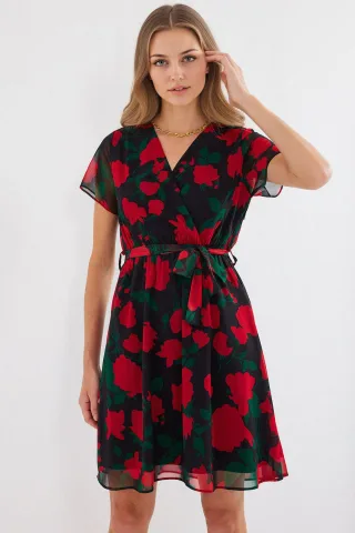 V-Ausschnitt Blumen-Minikleid mit Bindeschleife
