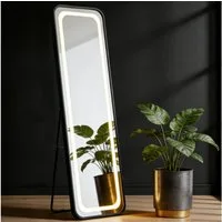 WILGOON Spiegel Ganzkörperspiegel mit LED-Licht 150×45 cm – Stand- oder Wandmontage (Eckiger Spiegel mit Stufenlos dimmbarer Beleuchtung, 3 Lichtfarben & Touch-Schalter für Schminken und Ankleiden), Schlanker Aluminiumrahmen, Schwarz – für Schlafzimm