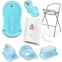Babykajo Babybadewanne mit Ständer, (Set, 8-tlg), Wanne, Sitz, Wickelauflage, Gestell, Abfluss, Töpfchen, Hocker WC-sitz