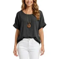 dy_mode Kurzarmbluse Damen Kurzarm Bluse Leichte Sommer Tunika Baumwollbluse Oberteil in Unifarbe, mit passende Kette