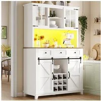 Flieks Küchenbuffet mit LED-Beleuchtung und Weinregal (Vitrinenschrank mit Schubladen und Glastüren, 1-St., B105/T40/H180 cm) Hochschrank Küchenschrank Geschirrschrank mit verstellbare Ablagen