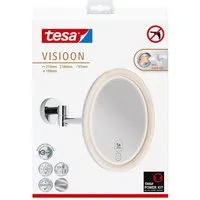 tesa Schminkspiegel Visioon Kosmetikspiegel mit Beleuchtung, Montage ohne Bohren, Chrom (Komplett-Set, 1-St., Power.Kit Klebelösung, Make-Up-Spiegel mit Schwenkarm, USB-C-Ladekabel), Wandspiegel mit dimmbaren LEDs, 5-fach Vergrößerung, Touch-Bedienun