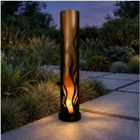 Harms Import LED Solarleuchte, LED-Leuchtmittel fest verbaut, LED Solarleuchte Stahl schwarz gold Feuer-Effekt Gelb IP44 Höhe 49cm