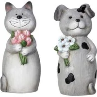 Macosa Home Dekofigur Pfostenhocker 2er Set Keramik Grau Zauntiere (Gartendekoration modern, 2 St., Zaunfiguren für Pfosten und Geländer), Hund Katze 23 cm Garten Deko