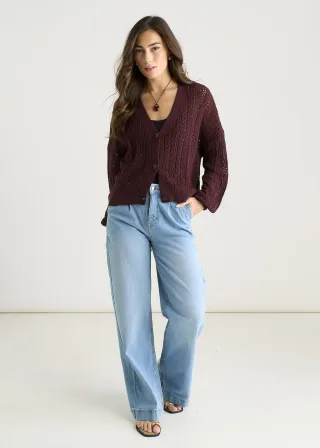 Lange Ärmel-Strickjacke in Schokoladenbraun