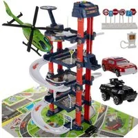 KRUZZEL Spiel-Parkhaus 4-stöckige Spielgarage mit Aufzug, Autos, Licht & Sound (Interaktives Spielset mit Parkhaus, Fahrzeugen und Zubehör., Komplettes Spielset mit Garage, Autos, Schildern und Matte), Garage mit Aufzug, Licht- und Soundeffekten, Spi