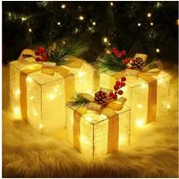 Elegear Weihnachtsfigur 3er Set LED Geschenkbox Weihnachten, Weihnachtsdeko mit Stecker, Timer (3 St), 60 warmweiße LEDs, Weihnachtsbeleuchtung für Baum, Fenster & Innen