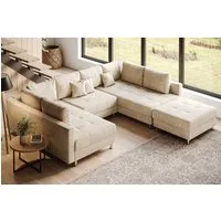 riess-ambiente Wohnlandschaft KENT 305cm champagner beige - Samt, U-Form, Hocker, Familiengröße, Set 1 Teile, XXL Sofa mit Federkern & FSC-Zertifikat - ideal für große Wohnzimmer