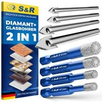 S&R Bohrersatz Diamantbohrer, Fliesenbohrer, Glasbohrer Sechskant-Schaft für, (Set 4-tlg. 5, 6, 8, 10 mm), Keramik, Granit, Glas, Porzellan, Fliesen, Feinsteinzeug, Marmor