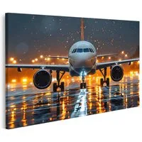 islandburner Leinwandbild Flugzeug Nachtaufnahme Lichter Regen Landebahn Wandbild