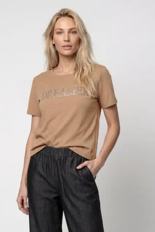 monari - T-Shirt mit Strassschriftzug brown sugar - Gr. - 38