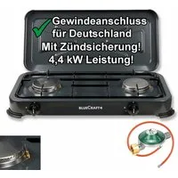 BlueCraft Gaskocher 2 flammig mit Zündsicherung 50mbar Propan Gas Campingkocher 4,4 kW, (mit Schlauch 100 cm und Gas Regler Druckminderer), Camping Gas Kocher 2 flammen für Gasflasche Gasherd Gas-Kochfeld