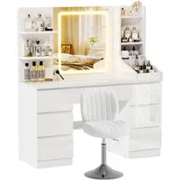 HOMALL Schminktisch LED-Spiegel, 7 Schubladen, 110 cm breit, Aufbewahrungshocker optional (Schminktisch mit dimmbarem LED-Spiegel (3 Farben), 7 Schubladen + 8 Fächer, 110×40×139 cm – 5 Farben (Schwarz/Rosa/Vintage/Weiß/Weiß Hochglanz), Hocker opt., E