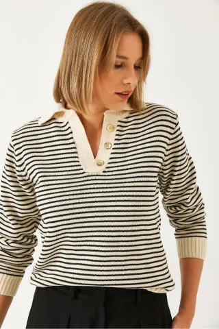 Gestreifter Polo-Kragen-Strickpullover