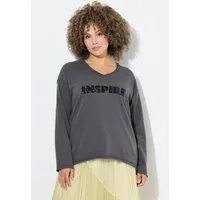 Ulla Popken Sweatshirt Sweatshirt Pailletten-Schriftzug V-Ausschnitt