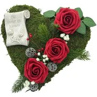 Radami Gartenfigur Grabgesteck Grabherz Gesteck - Für immer im Herzen - 30cm 3 Rosen rot