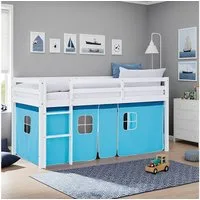 Homestyle4u Hochbett mit Rutsche 90x200 Kinderbett Jungen Kiefer Weiß Blau Treppe Vorhang (Komplett-Set mit Lattenrost, Matratze mit OEKO-TEX® Standard 100) mit Rausfallschutz, Blau, Junge