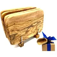 Olivenholz-erleben Frühstücksbrett Bretterständer inkl. 4 Frühstücksbretter Olivenholz 22 x 14 cm, Massivholz, (Set, 5-St., 1x Bretterhalter, 4 Frühstücksbretter, plus Überraschung), platzsparende Aufbewahrung für bis zu 4 Brettchen an einem Ort