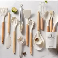 BlingBin Kochbesteck-Set 14-teiliges Küchenutensilien-Set, Silikon-Kochutensilien mit Holzgriff (14er Set, 14-tlg., Lebensmittelechtes Silikon + hochwertiges PP-Material + Massivholz), Hitzebeständig Antihaftbeschichtet Kochgeschirr Spatel Löffel-Set