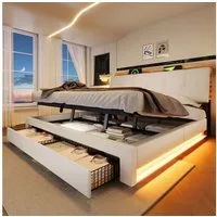 Merax Polsterbett mit LED-Beleuchtung, USB & Typ-C (1-tlg), Doppelbett 180x200cm mit hydraulischem Stauraum & 2 Schubladen, Leinen