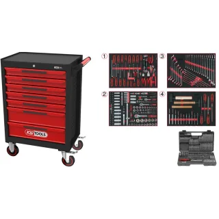 KS Tools ECOline SCHWARZ/ROT Werkstattwagen mit 7 Schubladen und 515 Premium-Werkzeugen - 897.7515