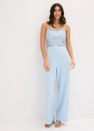 bonprix Overall aus strukturiertem Crepe mit Perlenstickerei, blau, Gr.46, Modern und sexy: Overall aus strukturiertem Crepe mit Bustier-Ausschnitt und Perlenstickerei im Oberteil