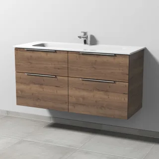 Sanipa 3way Keramik-Set Design Keramik-Waschtisch und Unterbau mit 4 Auszügen, Eiche-Tabak UM48250