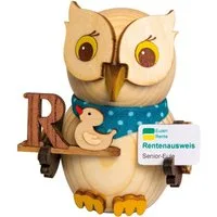 Kuhnert Dekofigur Mini-Eule mit Rentenbescheid - aus Holz gefertigt - ca. 7 cm groß, Dekoration für jeden Raum - aus dem Erzgebirge - Made in Germany