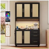 Flieks Küchenbuffet mit LED-Beleuchtung, Steckdosen und Haken (Buffet mit Rattantüren und Schubladen, 1-St., B100/T40/H183 cm) Hochschrank Küchenschrank Geschirrschrank mit verstellbare Ablagen