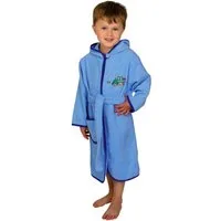 Wörner Kinderbademantel Traktor hellblau, Langform, Baumwolle, Kapuze, Gürtel, mit Stickerei, mit Tasche, maschinenwaschbar, trocknergeeignet