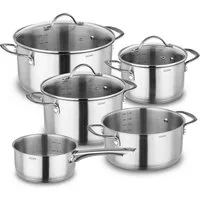 Kopf Topf-Set Clara, Edelstahl (Set, 8-tlg., 4 Kochtöpfe, Stielkasserolle, 3 Glasdeckel), Kochtopfset, Töpfe Induktion, Spülmaschinengeeignet, Backofenfest
