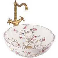 wohnwerk.idee Aufsatzwaschbecken Florales Aufsatzwaschbecken, Vintage Design, Weiß mit Blumenmotiv