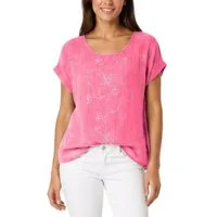 dy_mode Kurzarmbluse Kurzarm Bluse Elegantes Baumwollshirt Damen einfarbig Blusenshirt in Unifarben, Rundhalsausschnitt, mit Blumenstickerei