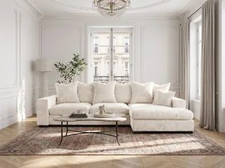 Ecksofa mit Schlaffunktion BENICIO Sofa in Stoff Flow Ecru Ottomane Rechts