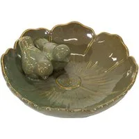 finehomegarden Vogeltränke Vogelbad Blüte mit Vögel rund Ø23cm Futterschale Vogelbecken, oliv Shabby chic Wasserstelle Garten Vogeltränke / Paket