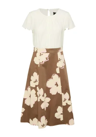 s.Oliver BLACK LABEL - Midi-Kleid mit Blumenmuster und kurzen Ärmeln braun/weiß - Gr. - 48