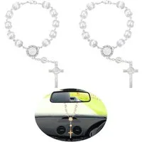 LuxusKollektion Ornament Auto Rosenkranz Rückspiegel Kreuz Anhänger 2er Damen Herren Weiß