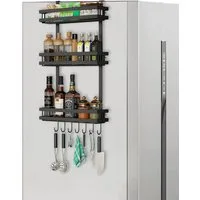 PFCTART Küchenorganizer-Set Hängeregal Küchenregal für Kühlschrank – 3-lagig & Metall, (Set, 1-tlg., Für Kühlschrank, Schrank & Möbel – Schwarz, Edelstahl), Ohne Bohren, inkl. Küchenreling & 7 Haken, starke Klebebefestigung