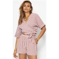 SASSYCLASSY Langarmbluse Gestreifte Musselin Wickel Bluse Damen Leichte Musselinbluse in Streifenmuster altrosa