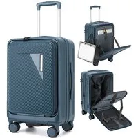 Super Solu Handgepäck-Trolley Hartschalenkoffer 55cm PC erweiterbar mit Frontöffnung & Laptopfach, 4 Rollen, Reisekoffer mit TSA-Schloss & 4 x 360° Doppelrollen, Blau