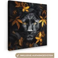 OneMillionCanvasses® Leinwandbild Schwarzer Panther - Blumen - Gold - Natur - Feline, Fotodruck (1 St), Wandbild, Deko Schlafzimmer Wohnzimmer Flur 20x20 cm