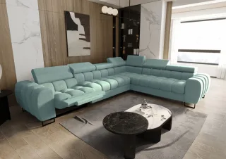 Ecksofa Schlafsofa BASTIEN RELAX in Stoff Moly Sky Ottomane Rechts