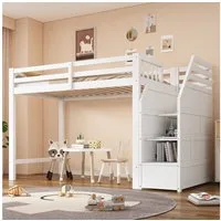 Flieks Hochbett Kinderbett Holzbett 90x200cm mit Ausfallschutz und Stauraumtreppe