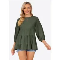 Imily Bela Blusenshirt Damen 3/4-Ärmel Puffärmel Rundhals Loose Top Babydoll (Packung, 1-tlg., 1per-Pack) aus Baumwolle in Unifarbe