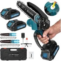 Bundviel Akku-Kettensäge 6+8 Zoll Mini Elektro Kettensäge Bürstenloser Handkettensäge, mit 2x2000mAh Akku für Gartenarbeit, Holzschneidenz