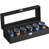 SONGMICS Uhrenbox mit 6 Fächern, Uhrenkasten, Glasdeckel, herausnehmbare Uhrenkissen, Metallverschluss, PU-Bezug in Schwarz, Samtfutter in Schwarz