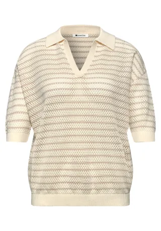 Street One - Lockerer Strickpullover mit Polokragen und Streifenmuster beige - Gr. - 36